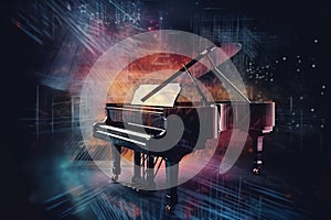 Abstract background illustration of a piano with grunge noise and colorful texture. Music industry theme. Generative AI