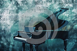 Abstract background illustration of a piano with grunge noise and colorful texture. Music industry theme. Generative AI