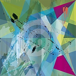 Abstract background illustration, with triangles, lines, paint strokes and splashes