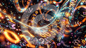 abstract background image of a dna strand in space, glowing numbers and letters swirling around it