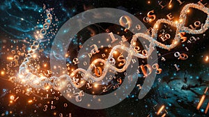 abstract background image of a dna strand in space, glowing numbers and letters swirling around it