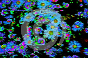 Motion Glitch interlaced neon summer flowers Distorted futuristic background photo