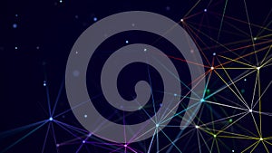 Abstract background with interweaving of colored lines and dots. Network connection structure. Data exchange. 3D