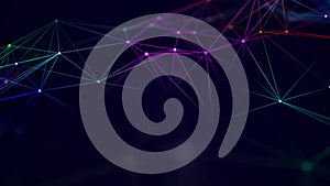 Abstract background with interweaving of colored lines and dots. Network connection structure. Data exchange. 3D