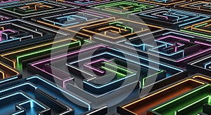 Abstract background of a labyrinth pattern illuminated by bright neon lights.