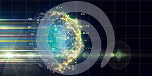 Abstract background  of layered analysis curve paths data. Noise sphere with color curves, blurred lines and lens effects.  Banner