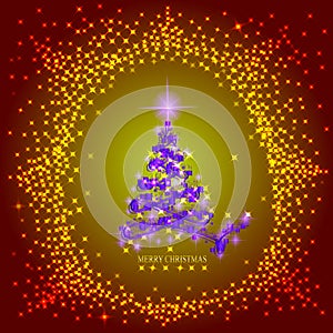 Abstract background with lilac christmas tree and stars. Illustration in lilac,gold and red colors.