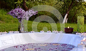 Abstract background with lilacs flowers and orange slices in a bathtub