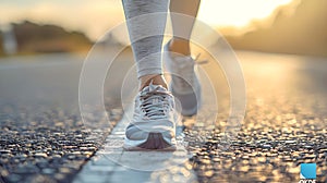 Abstract background of lower legs of person about to jog or run, clad in light grey athletic shoes and fitted grey