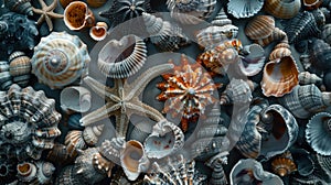 Abstract background made of shells of different shapes and sizes, top view