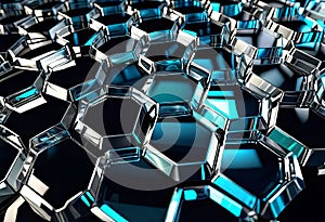 abstract background made of transparent glass and metal liquid hexagons, Materials science, man-made honeycombs,