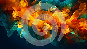 Abstract background with many colors on black. Dark teal, light orange, light amber, indigo colors in three-dimensional space.