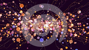 Abstract background of many round multicolored particles moving outward