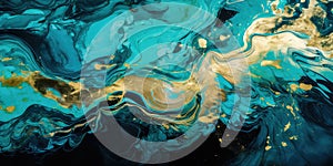 Abstract background with marble effect and turquoise and blue curls decorated with gold glitter, modern art. Generative AI