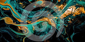 Abstract background with marble effect and turquoise and blue curls decorated with gold glitter, modern art. Generative AI