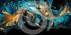 Abstract background with marble effect and turquoise and blue curls decorated with gold glitter, modern art. Generative AI