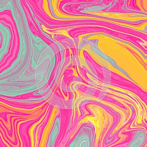 Abstract background. Marble stone Pink Yellow Blue Wave Design pattern. Raster cool banner, cover liquid paint. Hand drawn trendy