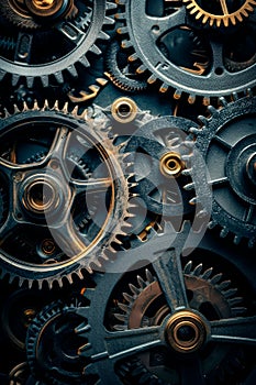 Abstract background metallic gears and cogs in various sizes, intertwined and casting shadows on a dark background.