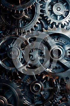 Abstract background metallic gears and cogs in various sizes, intertwined and casting shadows on a dark background.