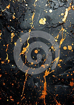 Abstract background with metallic paint splatters on a dark background, high contrast.