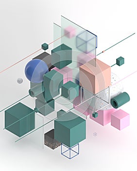 Abstract background, modern composition of geometric shapes. Cube, sphere, cylinder, line. 3d illustration.