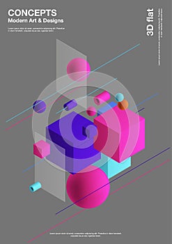 Abstract background, modern composition of geometric shapes. Cube, sphere, cylinder, line. 3d illustration.
