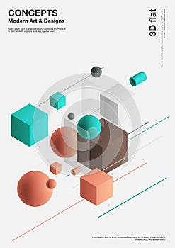 Abstract background, modern composition of geometric shapes. Cube, sphere, cylinder, line. 3d illustration.