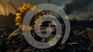 Abstract background: a monkey with a clock, on the trunk of a sunflower, on black earth, AI generated