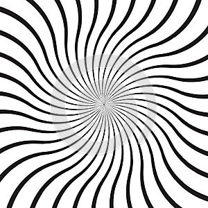 Abstract background with monochrome radial rays, lines or stripes curving around center. Backdrop with rotating illusion