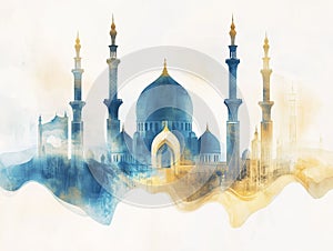 An abstract background with a mosque theme, featuring a blend of soft gradients in gold, blue, and white photo