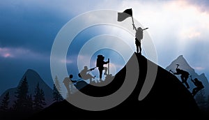 Abstract Background. Mountain climbing and Silhouette of women holding flag celebrating. Success and Target Concept, leadership