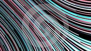 Abstract background of moving multicolored neon lines on black background. Animation. Curved colored line moving quickly