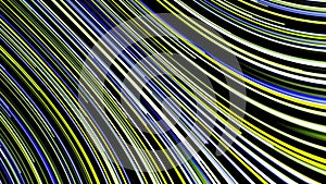 Abstract background of moving multicolored neon lines on black background. Animation. Curved colored line moving quickly