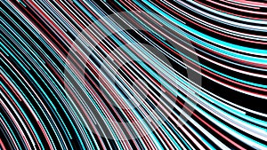 Abstract background of moving multicolored neon lines on black background. Animation. Curved colored line moving quickly