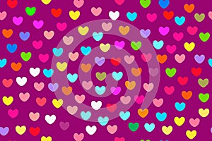 Abstract background of multi-colored hearts on a purple background.