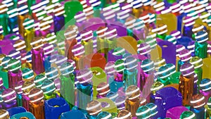 Abstract background of multicolored cylinders with spheres sticking out of cubes and with holes. 3d render illustration