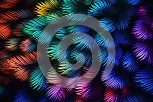 Abstract background of multicolored feathers. Texture of feathers. 3D rendering. Generative AI