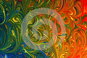 Abstract background of multicolored liquid paint swirls