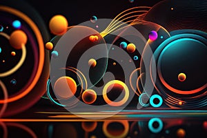 Abstract background. Multicolored neon lines and circles. AI generative
