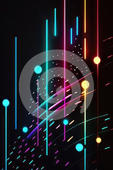 Abstract background. Multicolored neon lines and dots. Vertical background. AI generative