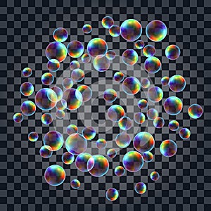 Abstract background with the multicolored realistic soap bubbles
