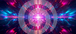 Abstract background with neon glows and a central hyperlight flare. Modern background with pink, blue, purple colors