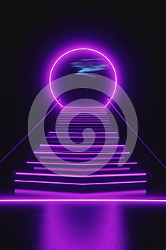 Abstract background with neon lights and stairs, night club display background.