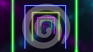 Abstract background with neon tunel bright lines geometric shapes, looped animation. Colored lights grid loop with