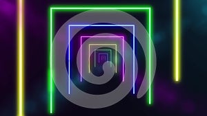 Abstract background with neon tunel bright lines geometric shapes, looped animation. Colored lights grid loop with