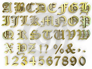 abstract background numbers and gothic font alphabet with golden metal effect