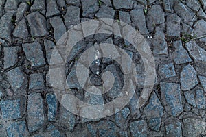 Abstract background of old cobblestone pavement close-up.