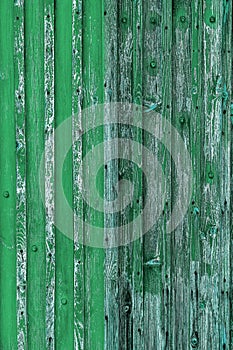 Abstract Background of old painted wood. Wooden fence with traces of old cracked faded paint on the wood surface