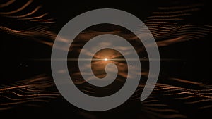 Abstract background. Orange imitation of sound waves on black backdrop. Light blurred orange blick is on the centre, and