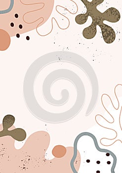 Abstract background with organic geometric shapes, lines, dots and leaf. Modern minimal card design with trendy natural